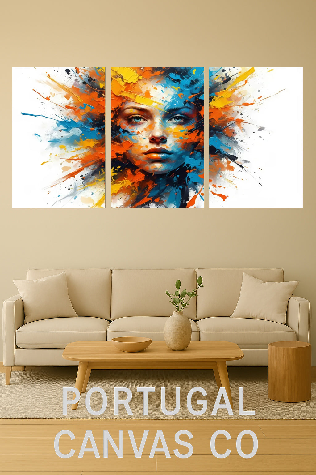 Tríptico abstracto de retrato femenino: lienzo moderno con pintura salpicada