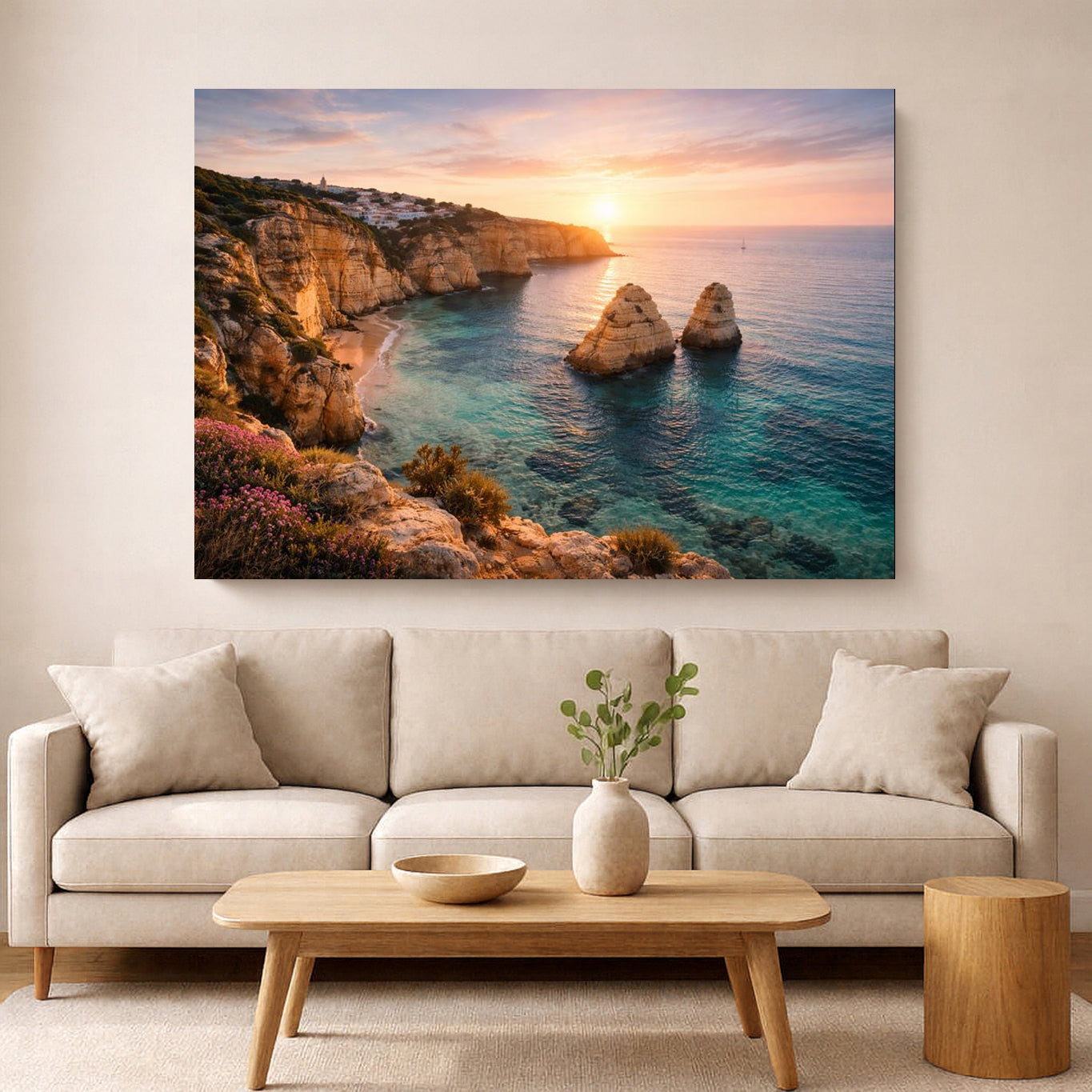 Living room with a large wall art depicting a coastal sunset scene.
