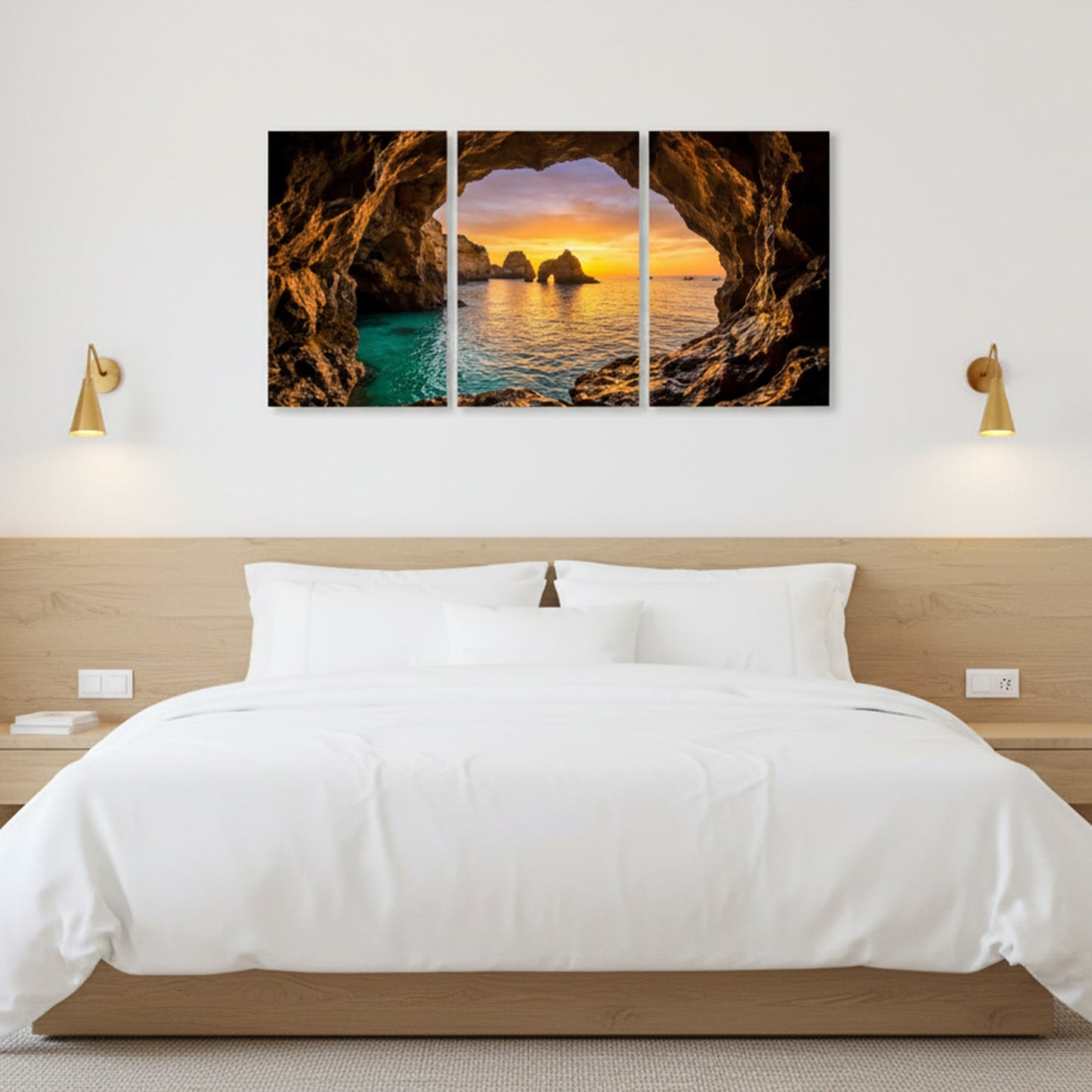 Algarve sea cave arch triptych canvas wall art – golden sunset, turquoise water and sea stacks viewed through rock arch - Portugal Canvas Co