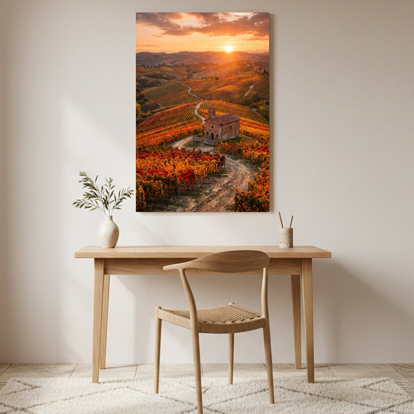 Mediterranean vineyard sunset canvas wall art Print - autumn vines, rolling hills, a stone chapel and a warm golden sky - Portugal Canvas