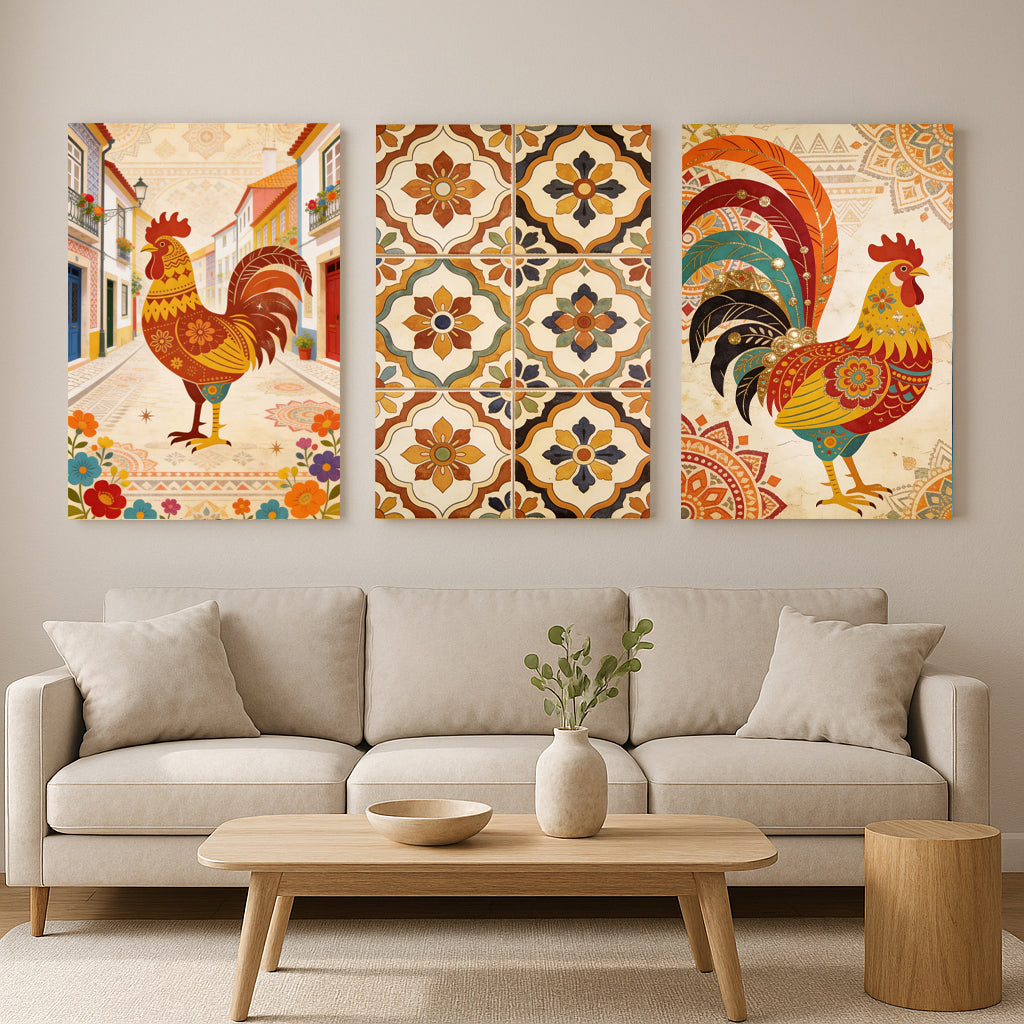 Portuguese Folk Art Canvas Set – Galo de Barcelos & Azulejo Tile