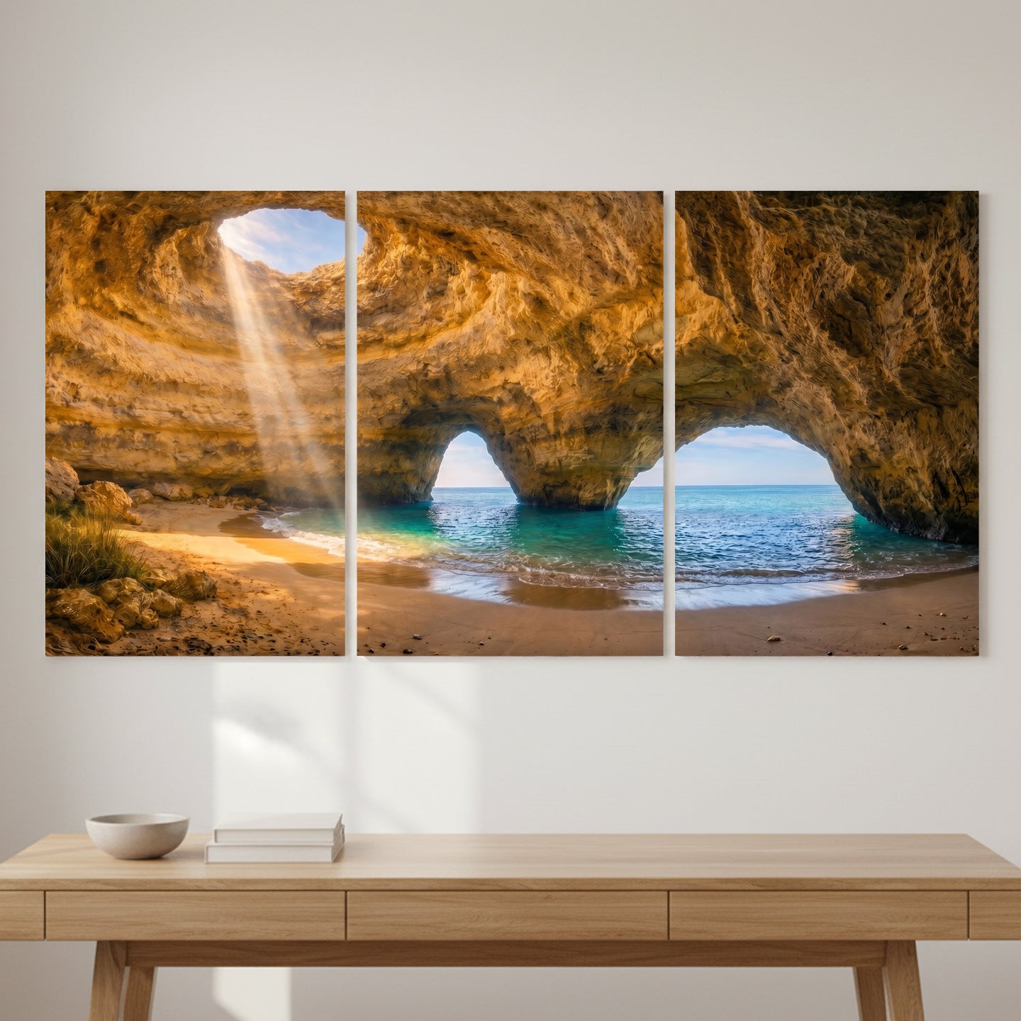 Benagil sea cave triptych canvas wall art – golden sandstone arches, turquoise ocean and sunbeam, Algarve Portugal - Portugal Canvas Co