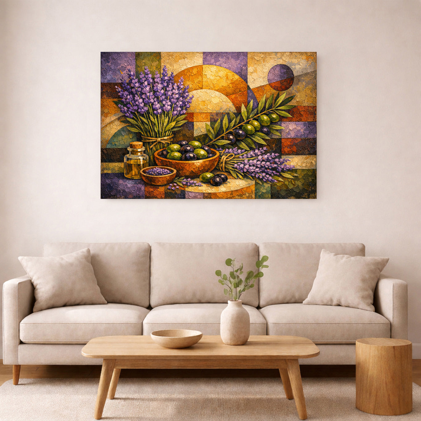 Lienzo de lavanda y olivos | Arte rústico de pared para cocina mediterránea.