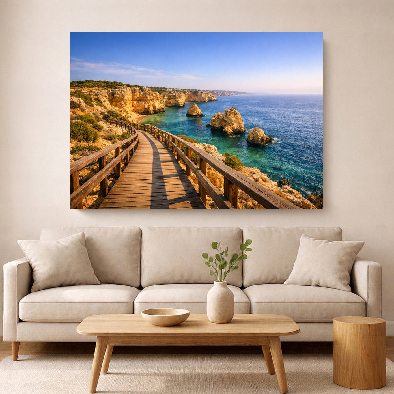 A large rectangular wall art print showing a coastal rocky sea with a wooden boardwalk, displayed above a light beige sofa in a modern living room setting - Portugal Canvas Co