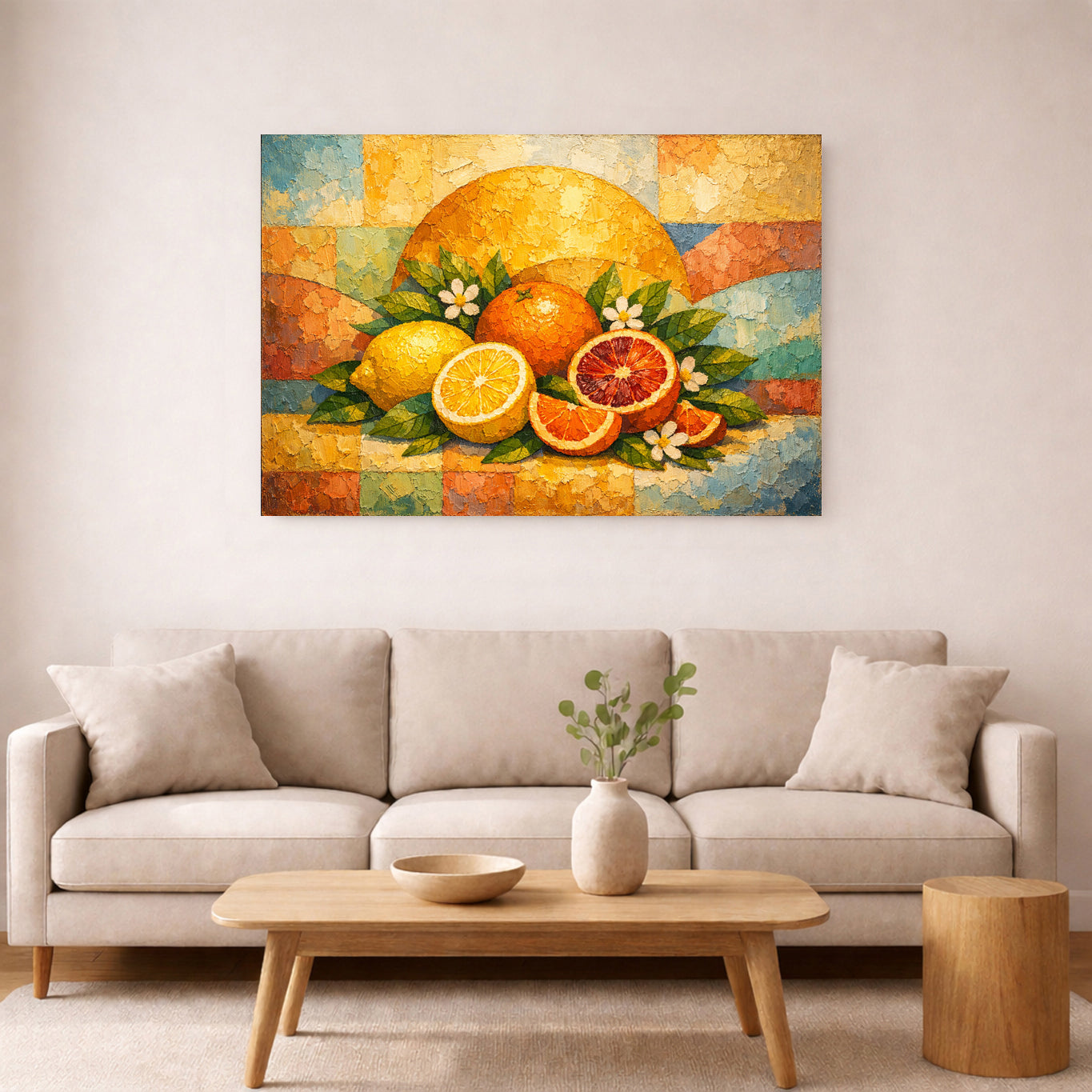 Lienzo de bodegón de cítricos | Decoración rústica de cocina con limones y naranjas mediterráneos.