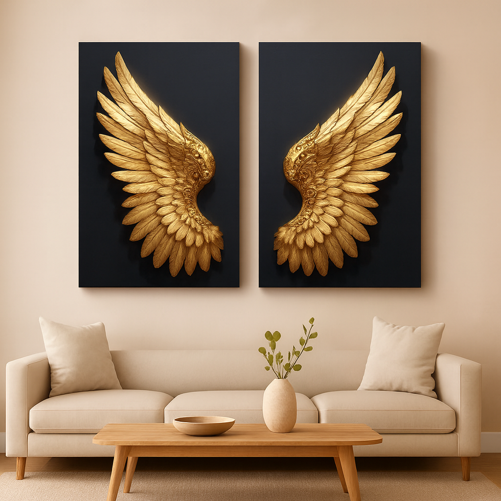 Juego de arte de pared de lienzo de lujo con alas de ángel en negro y dorado