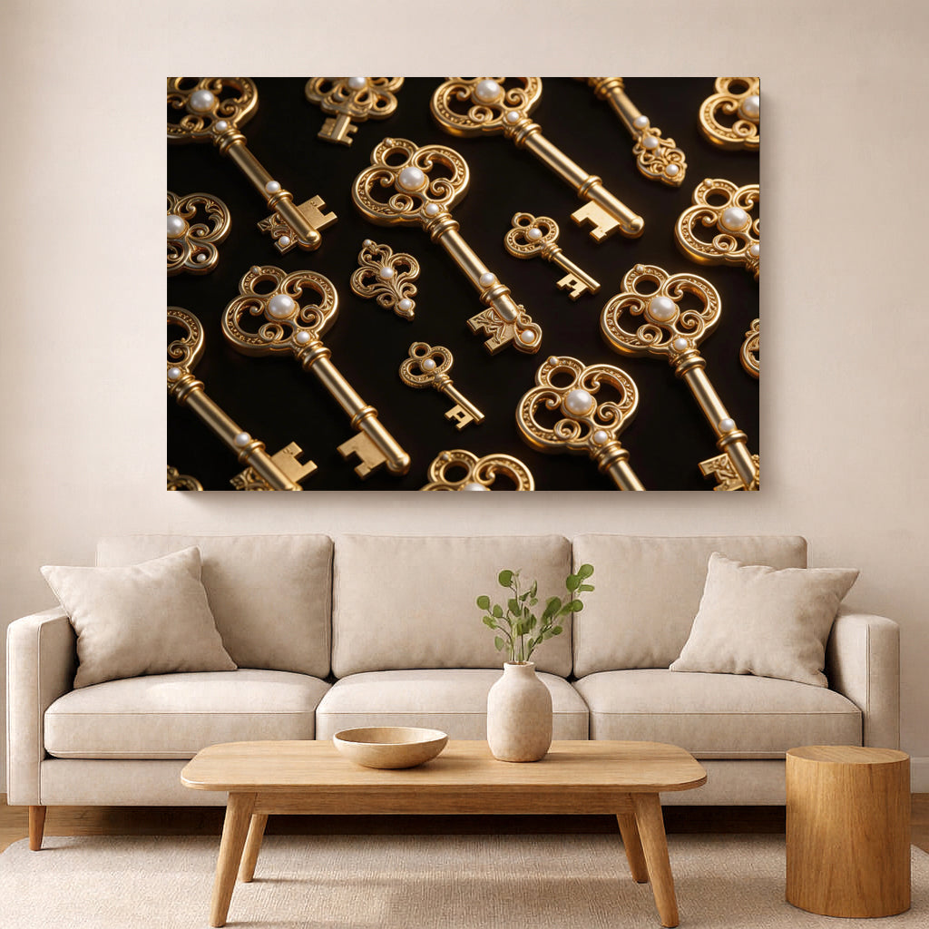 Arte de parede Chaves Divinas – Desbloqueie o crescimento espiritual em ouro de luxo