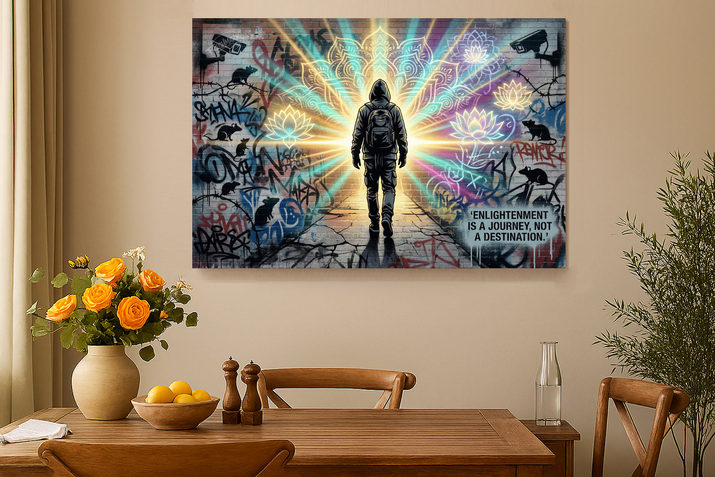 “Enlightenment Journey Graffiti Canvas – Urban Spiritual Wall Art”