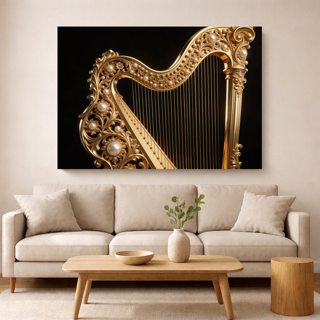 Arte de parede Divine Golden Harp – Tela de Luxo em Preto e Dourado