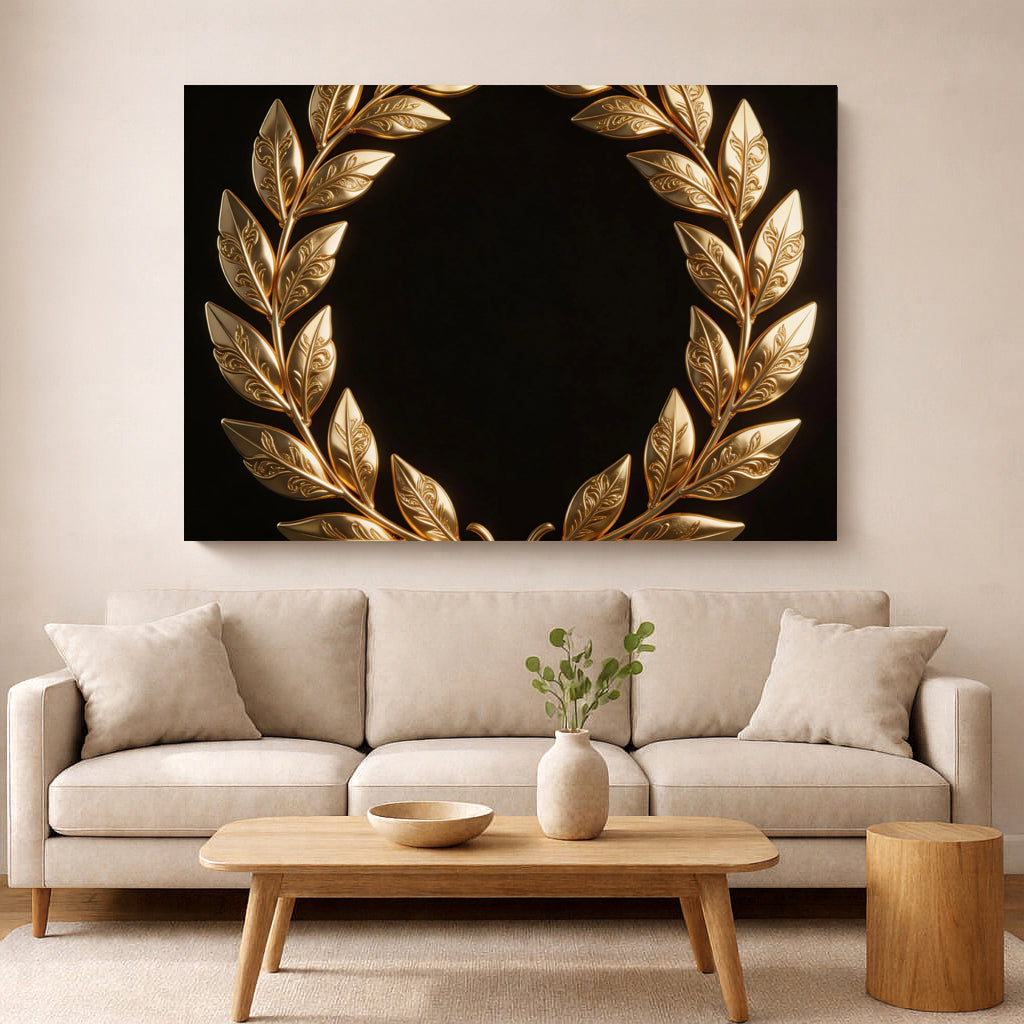 Quadro decorativo com coroa de louros dourada – Tela de luxo em preto e dourado