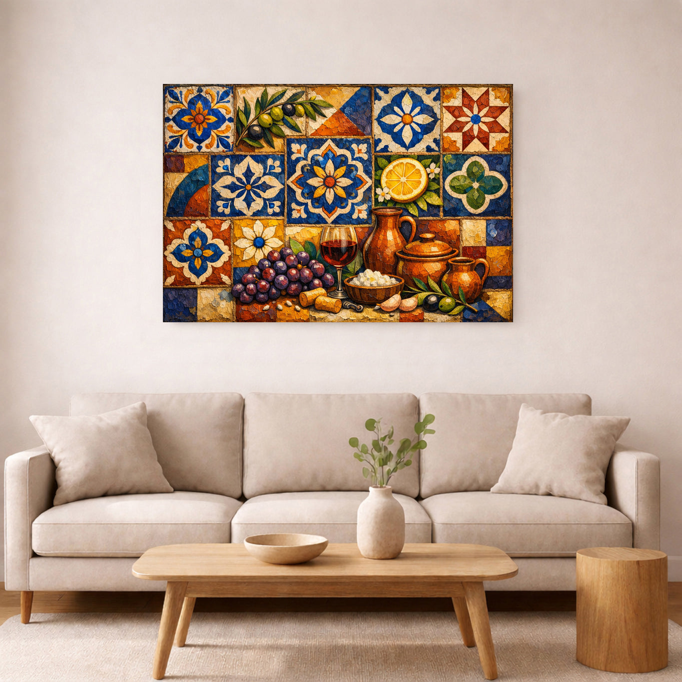 Lienzo Bodegón Mosaico Mediterráneo | Arte de Pared Rústico para Cocina Decoración de Vino.
