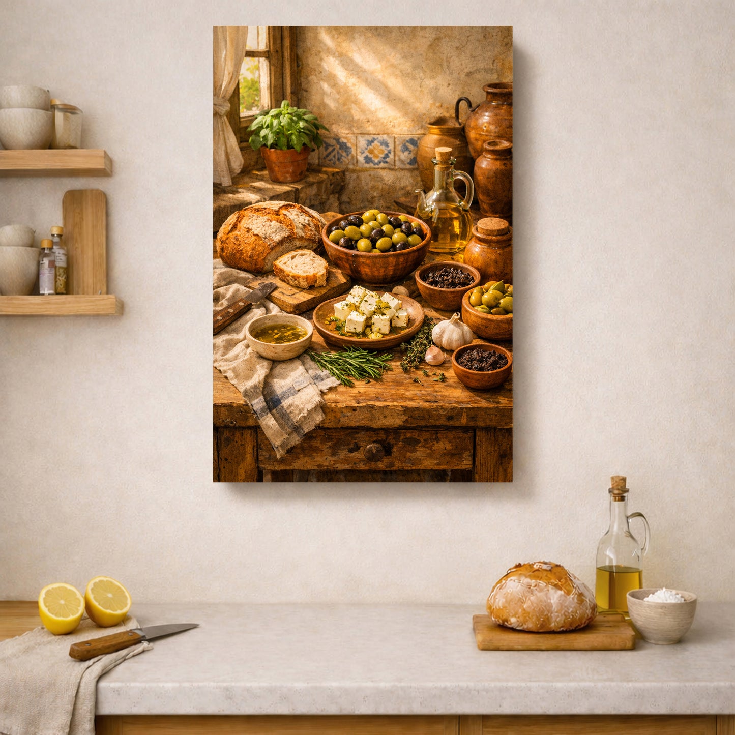 A vertical canvas wall art print depicting a rustic still life of an olive oil and cheese table setting, displayed on a beige wall above a kitchen counter with bread, olives, and a bottle of olive oil - Portugal Canvas Co