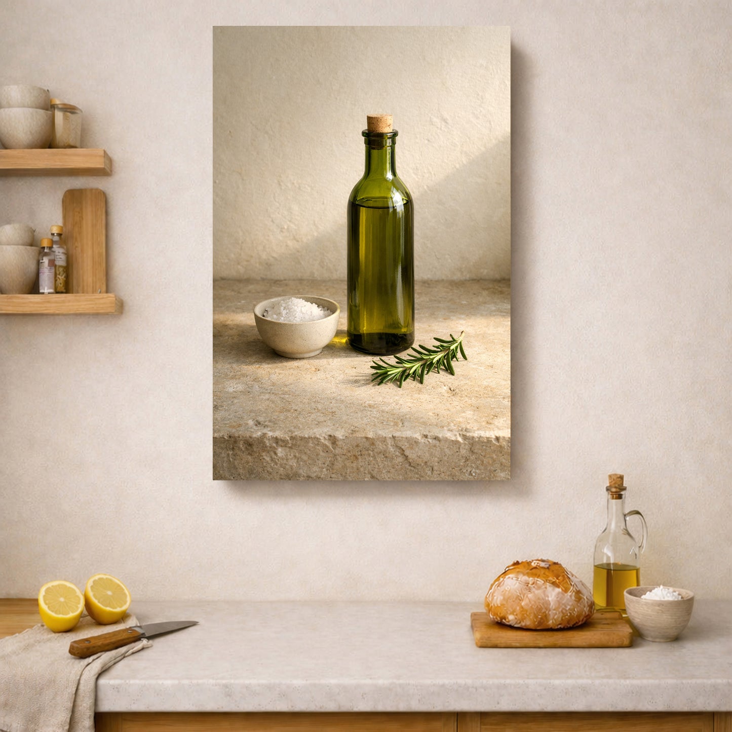 Olive Oil Bottle & Rosemary Still Life Canvas – Rustic Mediterranean Canvas Wall Art