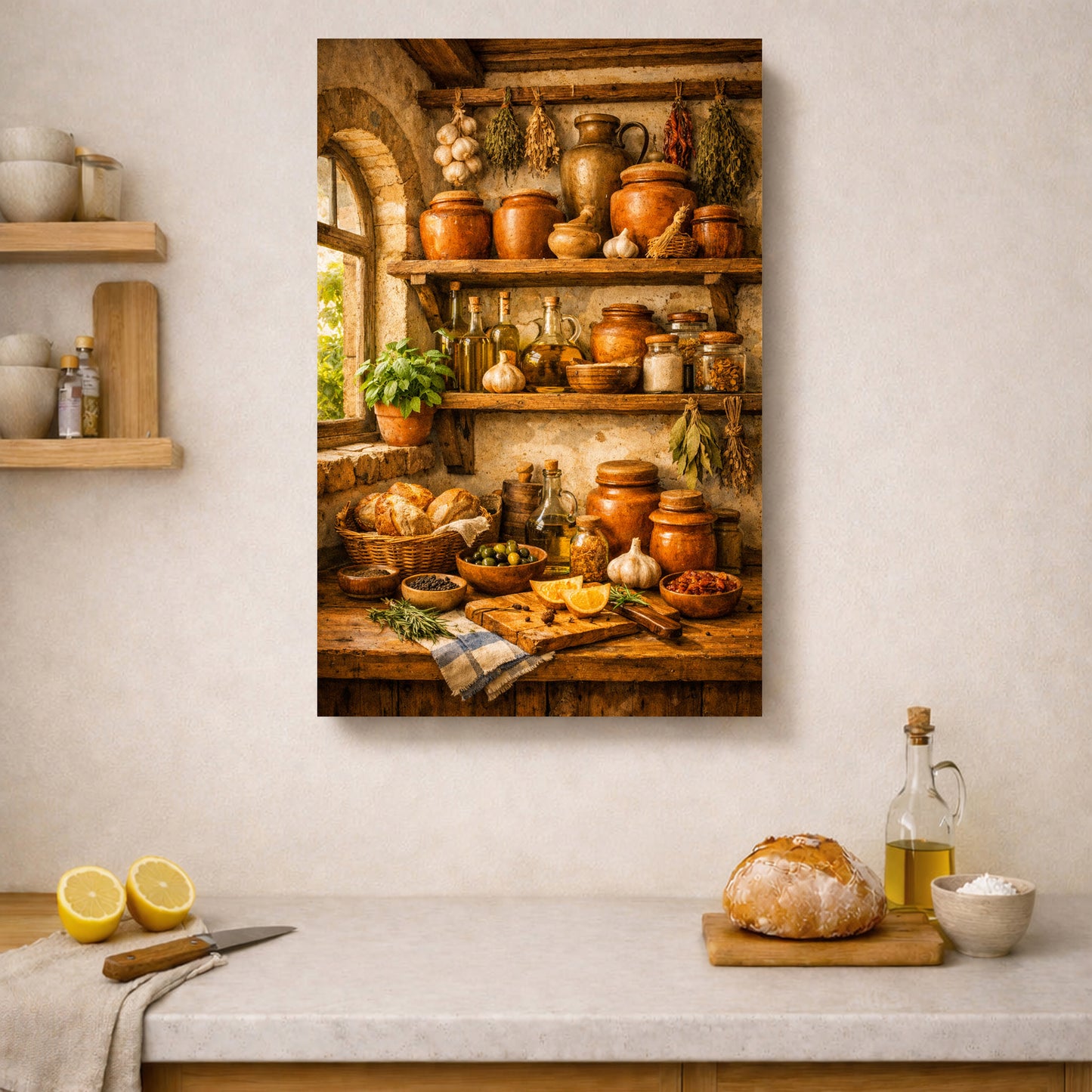 A vertical canvas wall art print depicting a rustic, warm-toned kitchen interior with shelves of clay pots, jars, bread, and herbs, displayed on a beige wall above a kitchen counter with bread and lemons - Portugal Canvas Co