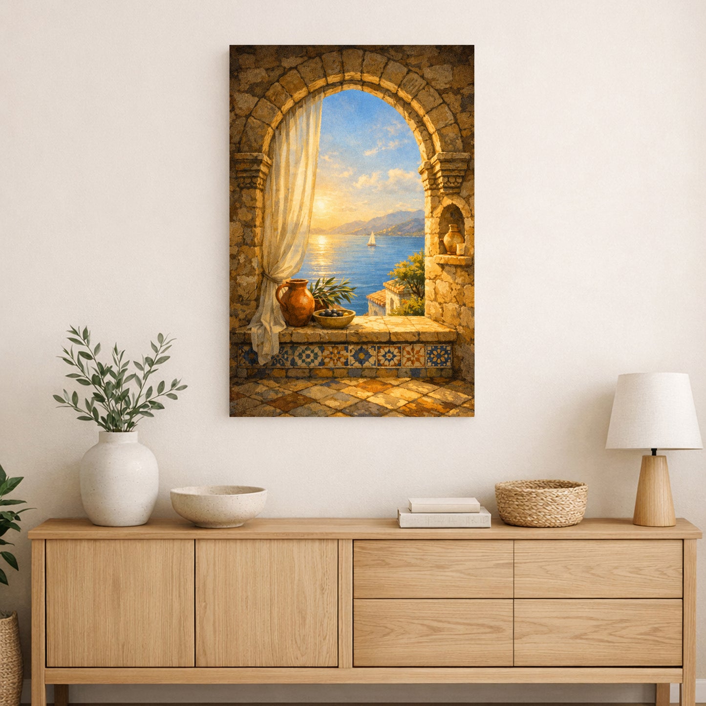 Mediterranean sunset archway canvas print displayed above oak sideboard in bright coastal hallway with olive branches - Portugal Canvas Co