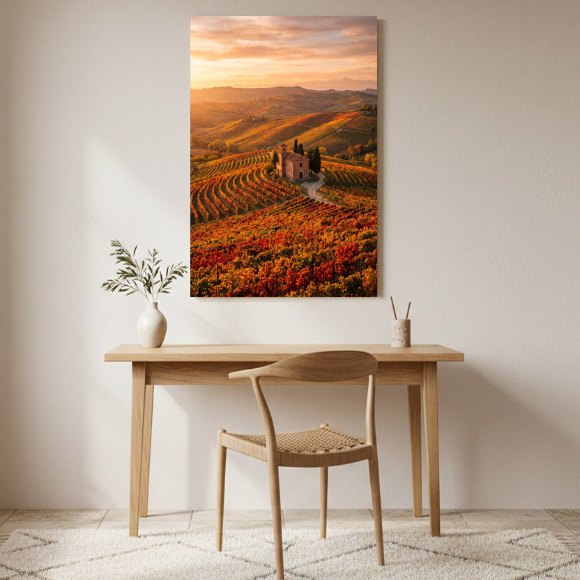 Mediterranean vineyard sunset canvas wall art featuring autumn vines, rolling hills, a stone chapel and a warm golden sky — Portugal Canvas Co