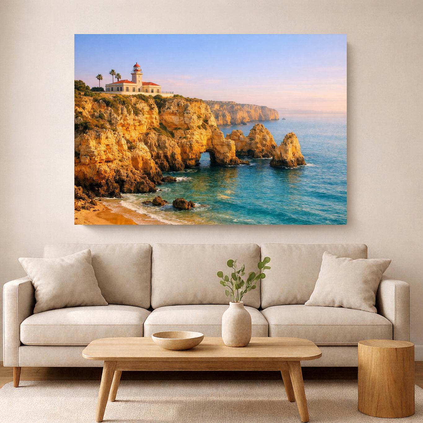 Praia da Marinha Golden Arches Canvas – Algarve Coastal Sunset Wall Art – Turquoise Ocean Cliff Print