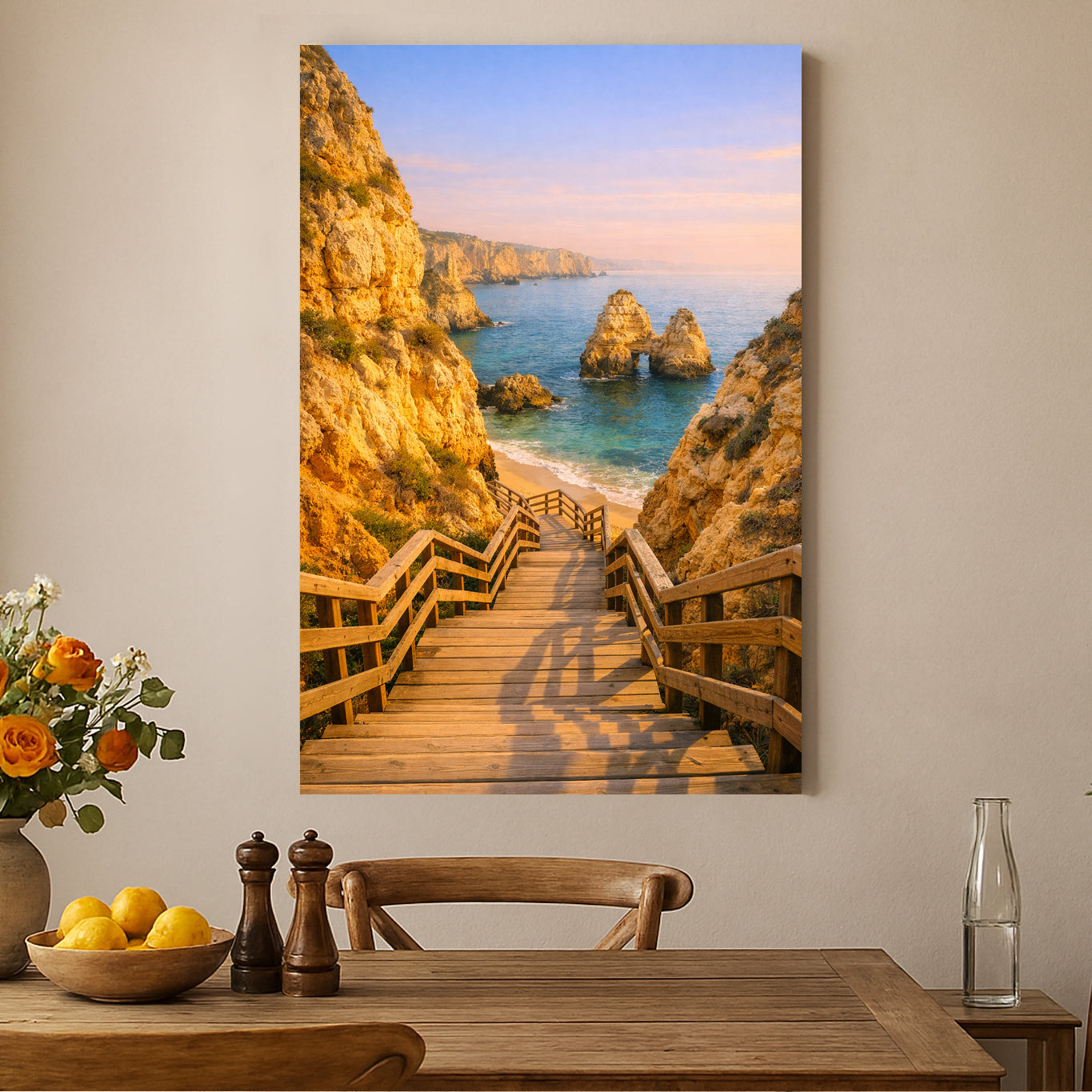 A vertical canvas wall art print depicting a scenic coastal pathway leading down to turquoise blue sea stacks, displayed on a beige wall above a wooden dining table with a vase of flowers and a glass bottle - Portugal Canvas Co