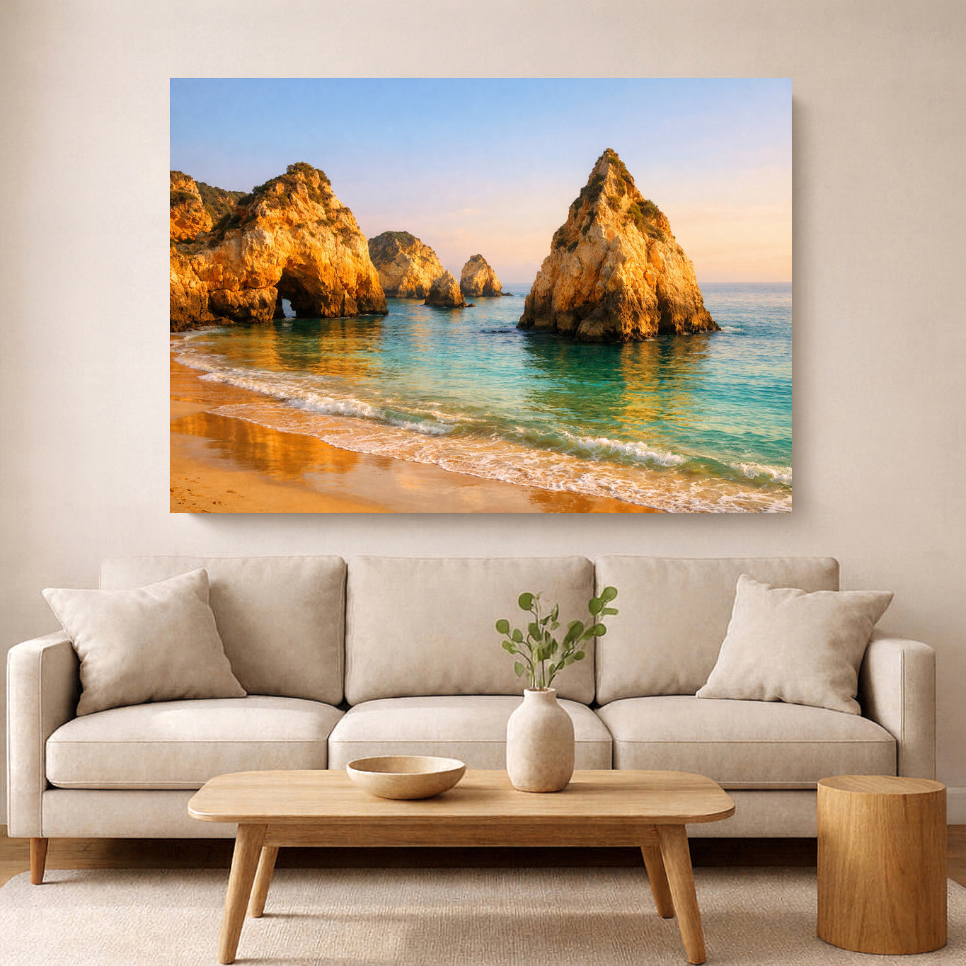 Praia dos Três Irmãos Algarve Print | Golden Cliff Beach Wall Art | Turquoise Ocean Coastal Decor