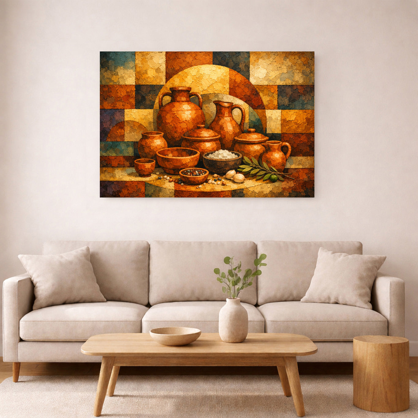 Terracotta Ceramic Still Life Canvas | Rustic Mediterranean Kitchen Wall Art Decor