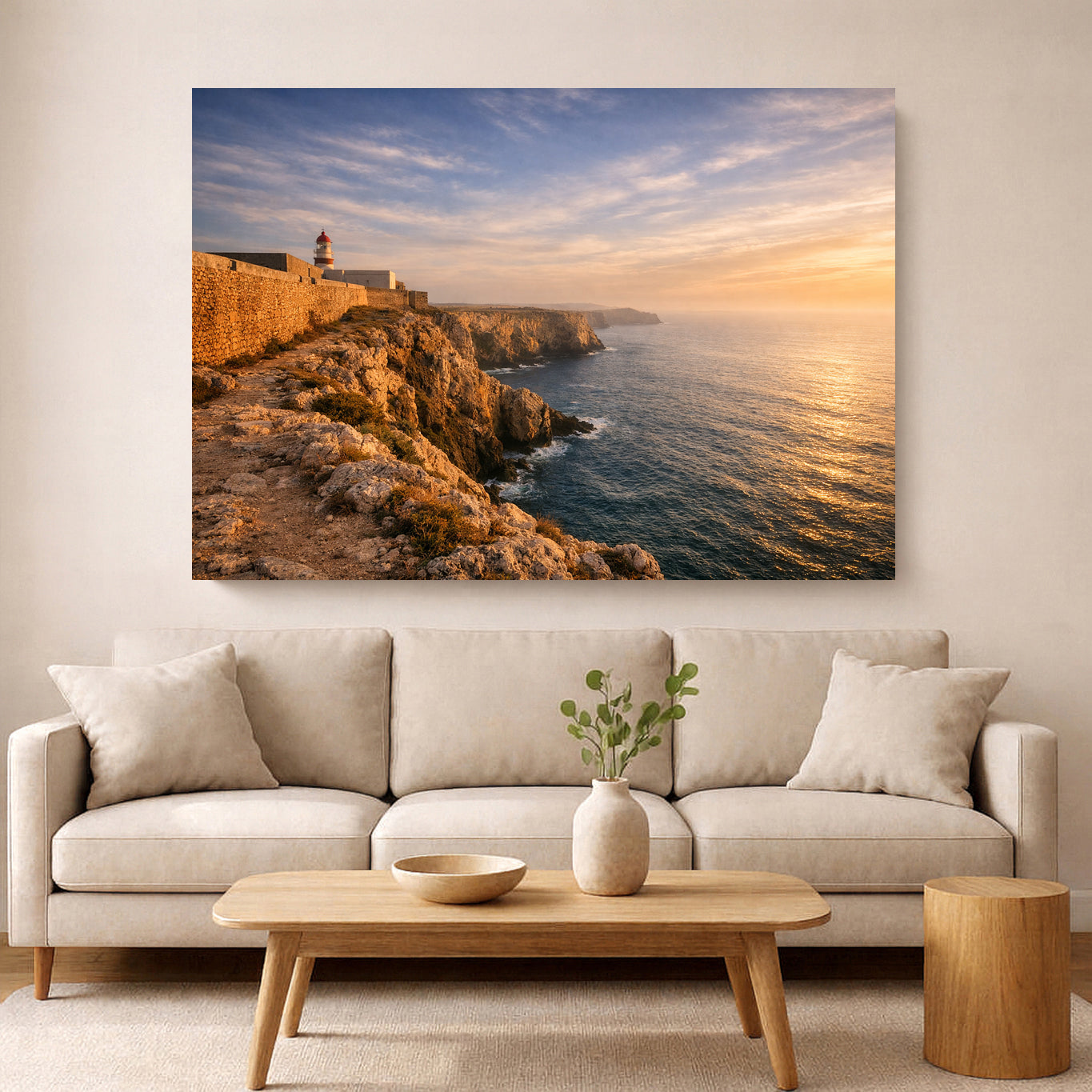 A large rectangular wall art print showing a coastal cliff and ocean at sunset, displayed above a light beige sofa in a styled living room with a wooden coffee table and vase - Portugal Canvas Co