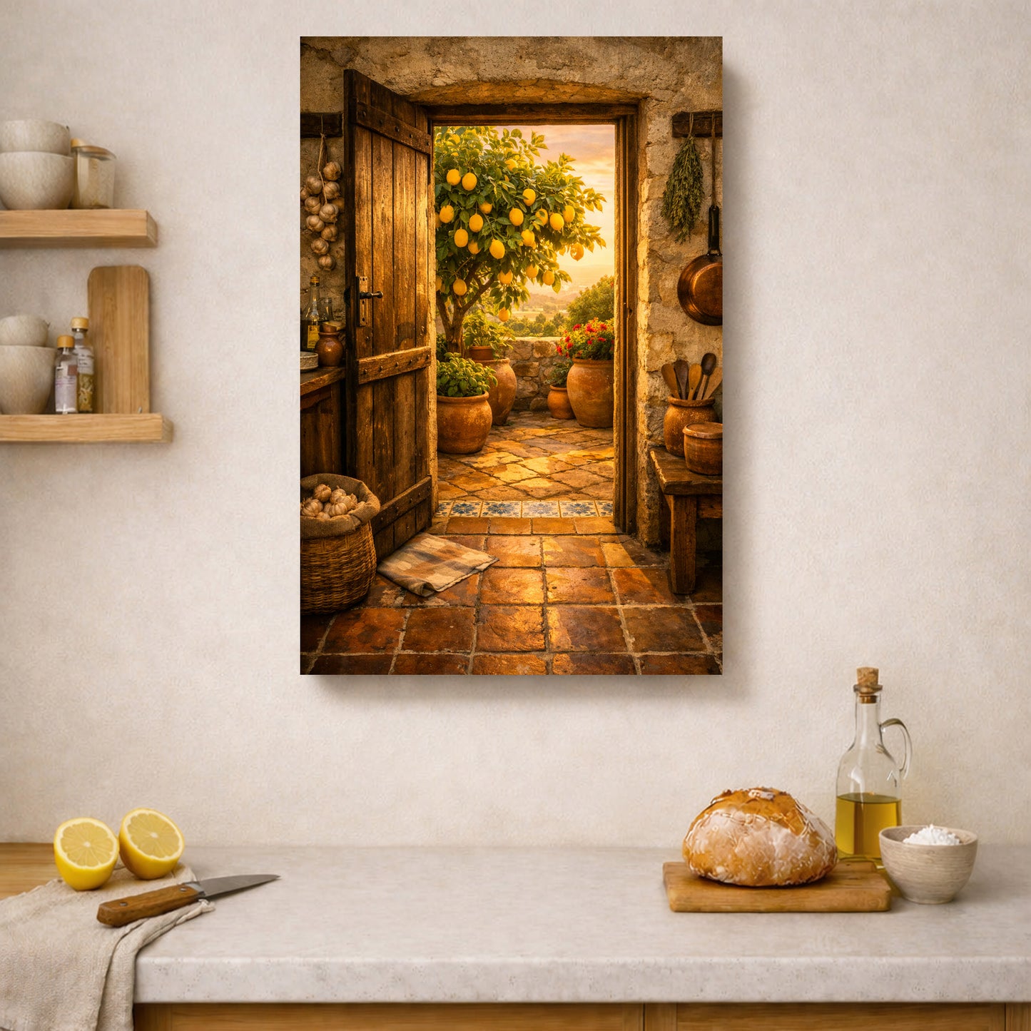 A vertical canvas wall art print depicting a rustic stone courtyard with an open wooden door, lemons, and warm terracotta tiles, displayed on a beige wall above a kitchen counter with bread, lemons, and a bottle of oil - Portugal Canvas Co