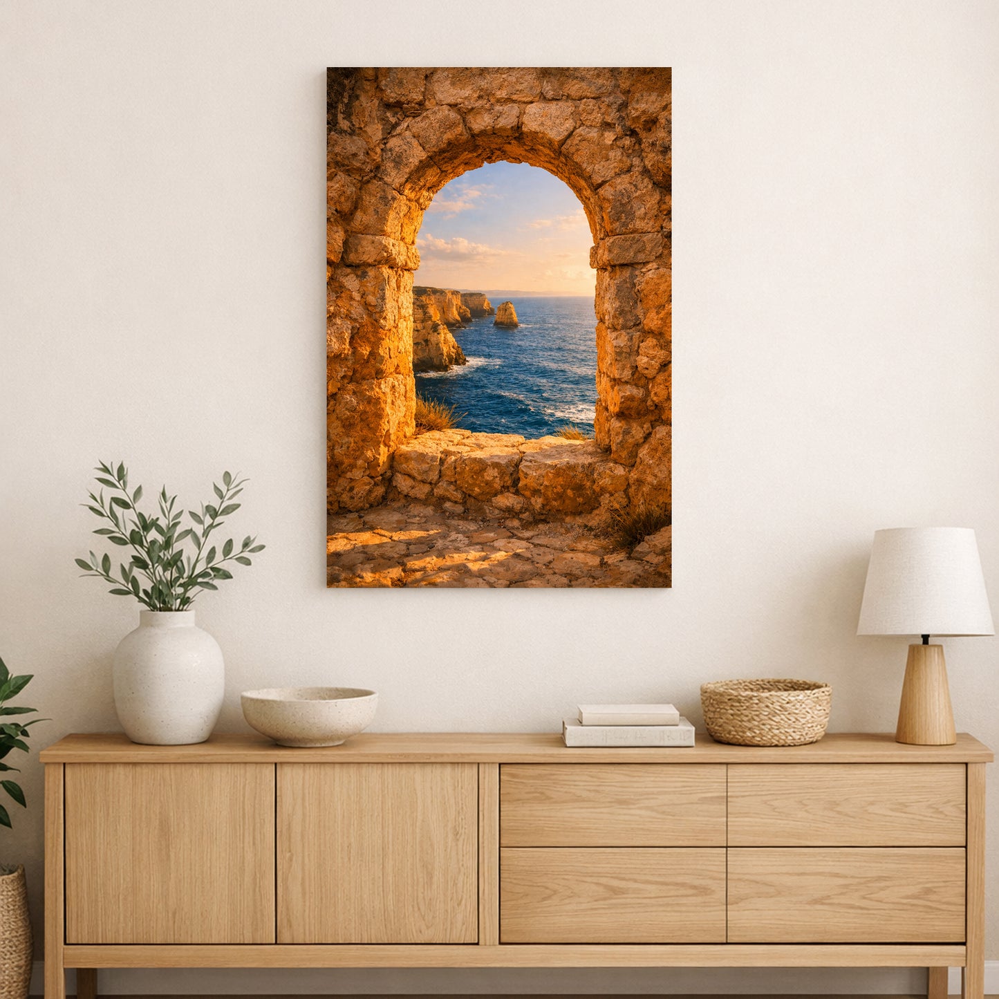 Stone archway framing a sunset view of cliffs and ocean along the Algarve coast, styled as warm Mediterranean wall art.