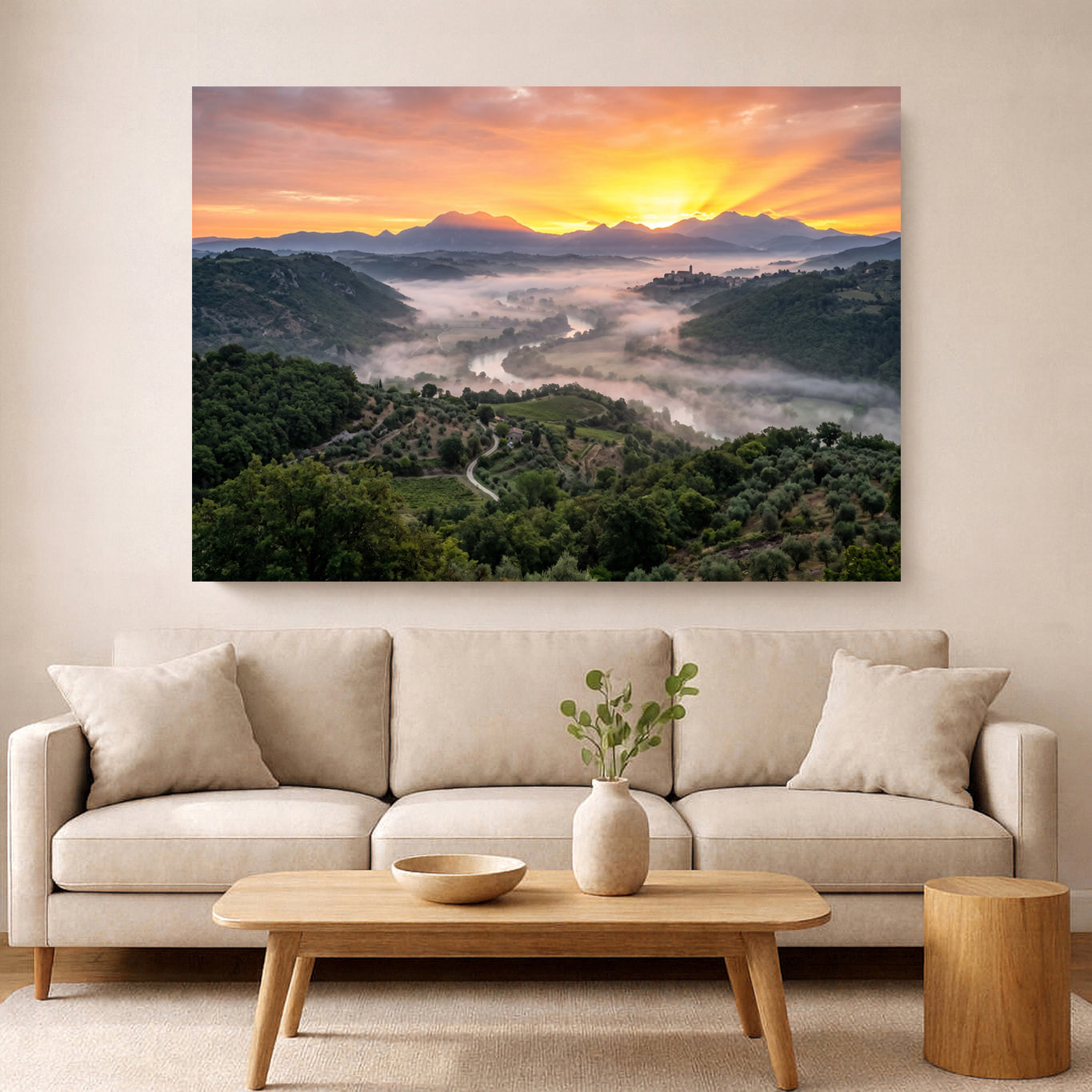 Mediterranean Landscape wall art canvas print showing a misty mountain valley at sunrise - Portugal Canvas Co