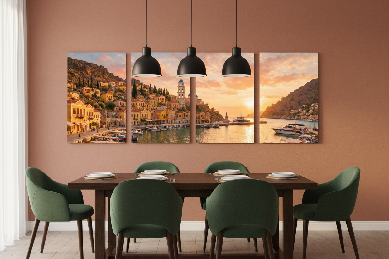 Symi harbour sunset four-panel canvas wall art displayed on a terracotta wall in a cosy dining room with dark wood table and pendant lighting - Portugal Canvas Co