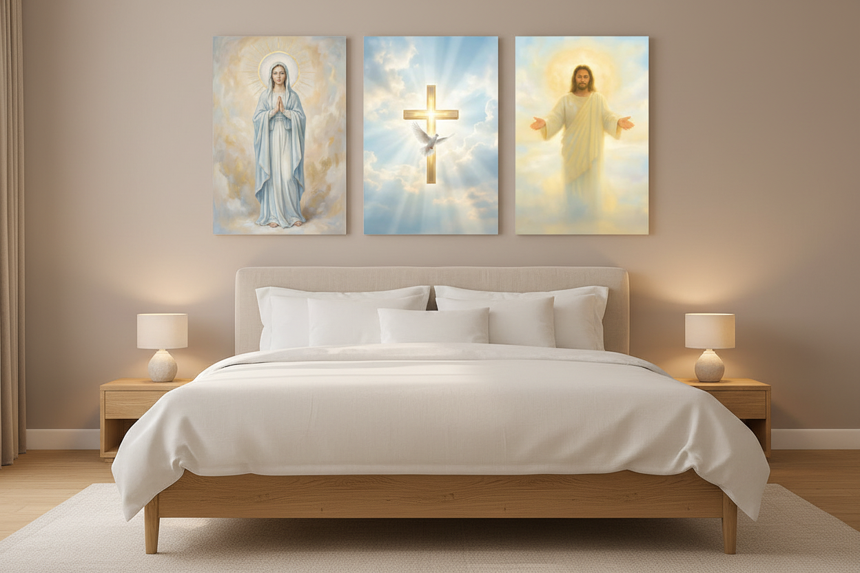 Divine Light celestial triptych canvas wall art with Virgin Mary, golden cross and Jesus displayed above a king bed in a serene neutral bedroom - Portugal Canvas Co