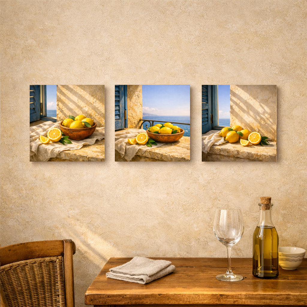Mediterranean lemon window trio — sunlit lemons on rustic stone sill with blue shutters and sea view, coastal still life canvas wall art - Portugal Canvas Co
