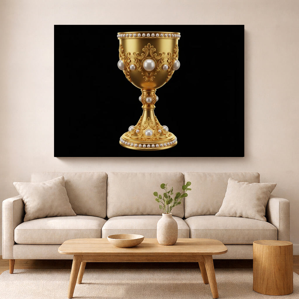 Arte mural del Santo Grial dorado: decoración majestuosa en lienzo negro y dorado