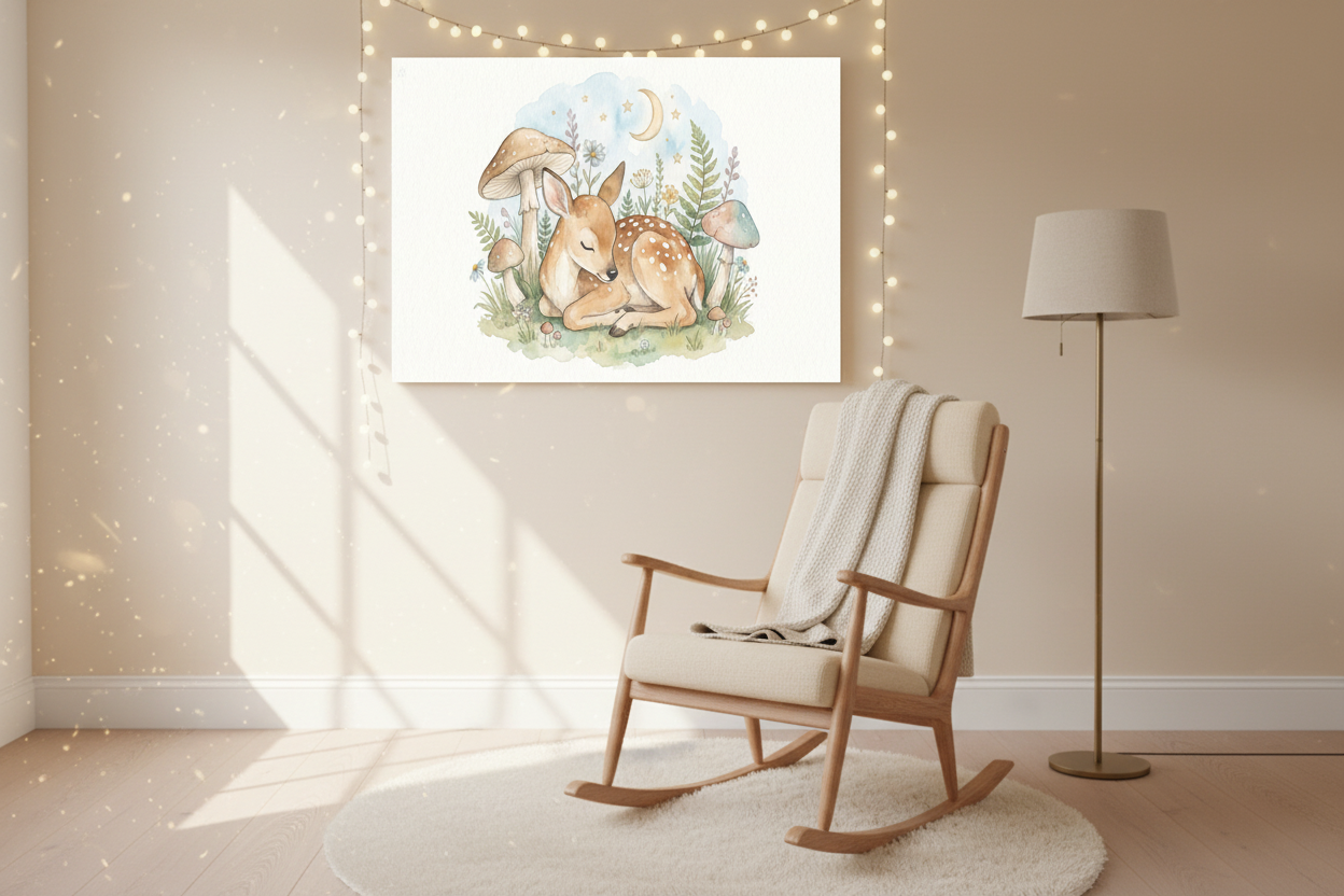 Sleeping baby fawn nursery canvas wall art above a rocking chair in a cozy nursery reading nook - Portugal Canvas Co