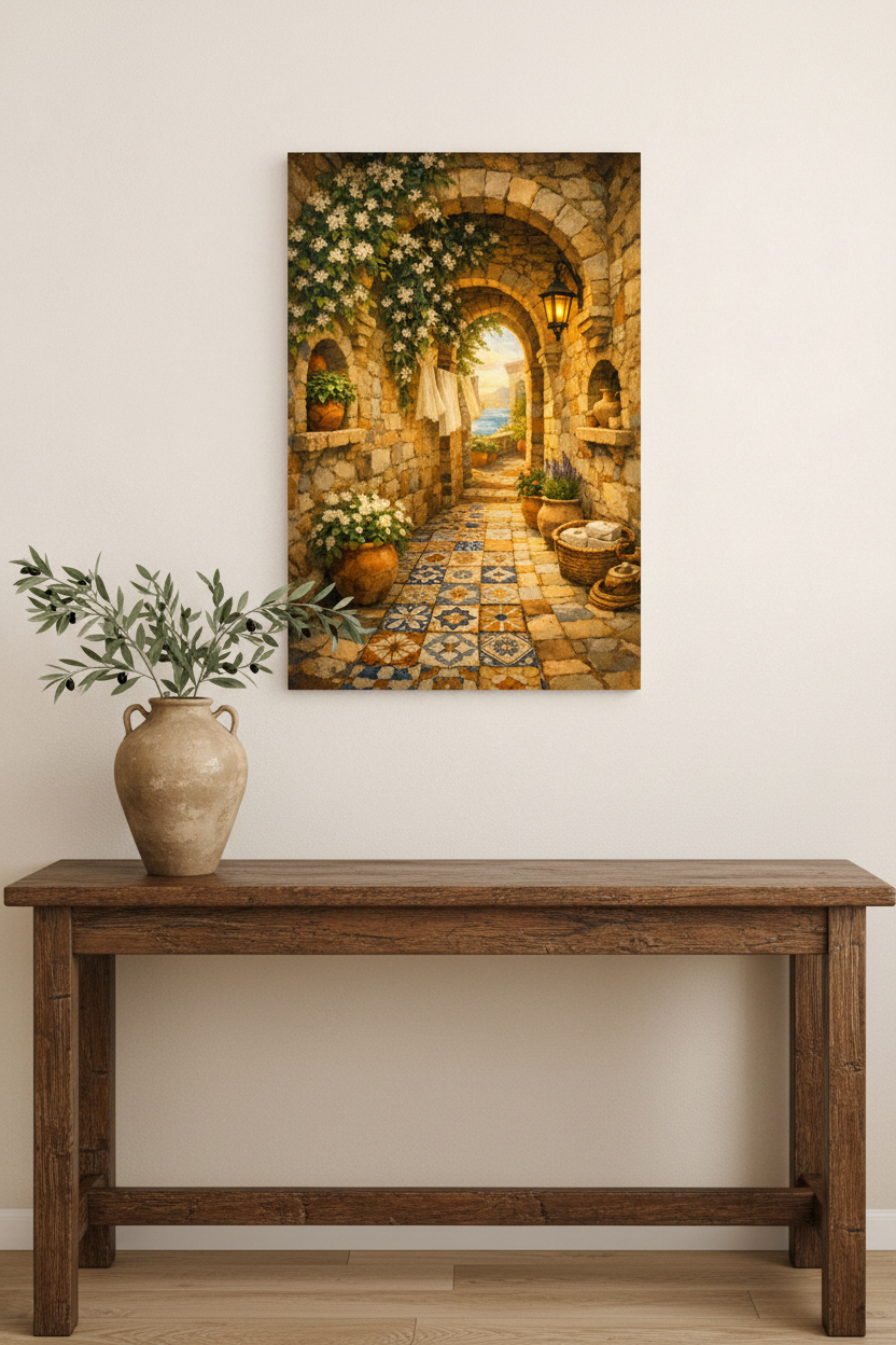 Mediterranean stone archway canvas wall art with jasmine flowers and lantern hung above a rustic wooden console table in a warm Mediterranean interior - Portugal Canvas Co