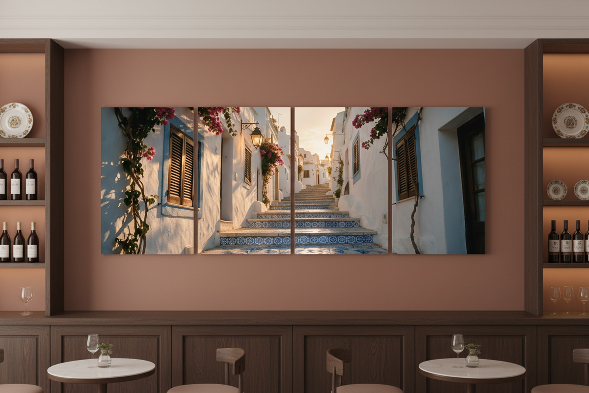 Four-panel Old Town Albufeira canvas wall art in an elegant Portuguese wine bar with terracotta walls - Portugal Canvas Co