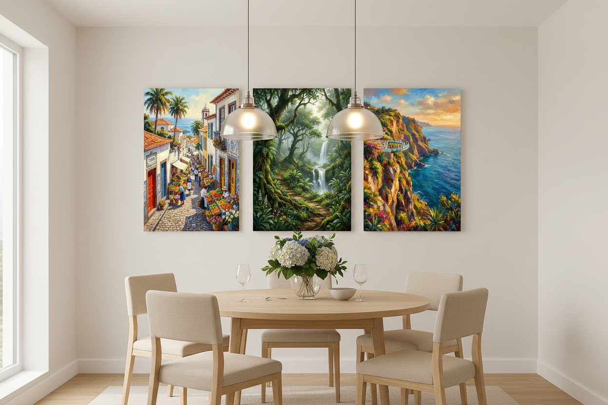 Azores Portugal coastal cliffs forest and village triptych canvas wall art set displayed in a bright modern dining room interior - Portugal Canvas Co