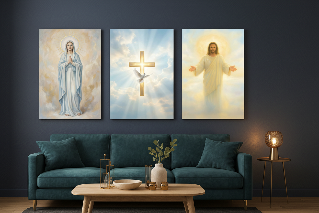 Heavenly religious triptych canvas wall art with Virgin Mary golden cross and Jesus on a navy wall in a sophisticated moody living room - Portugal Canvas Co
