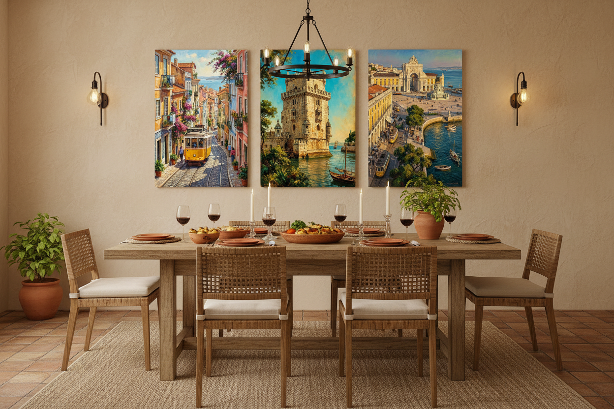 Lisbon cityscape triptych canvas wall art set displayed in a warm rustic dining room interior - Portugal Canvas Co