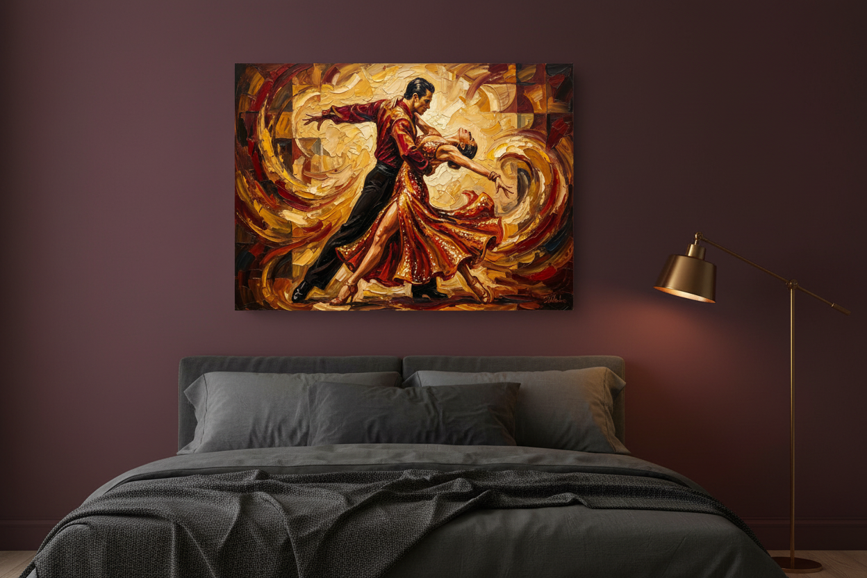 Dynamic swirling tango couples dance canvas wall art on a deep burgundy wall in a dramatic moody bedroom with gold lamp - Portugal Canvas Co