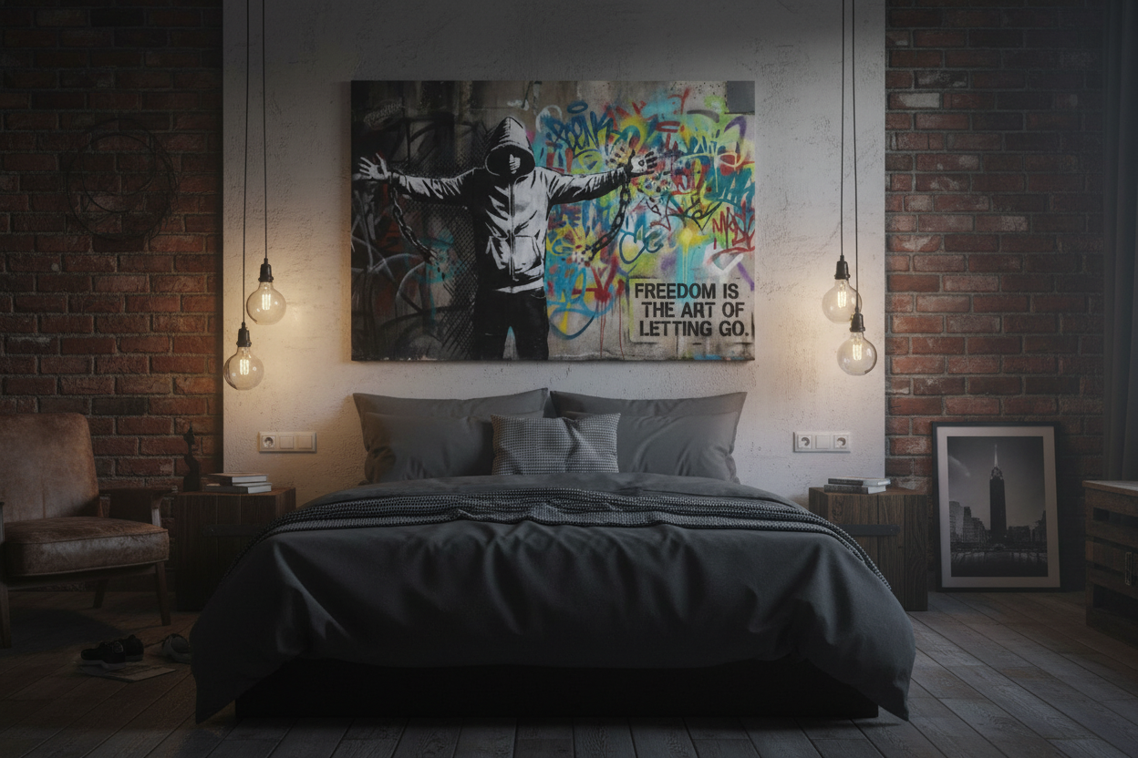 Freedom Is The Art Of Letting Go graffiti canvas print displayed in a moody urban bedroom with dark bedding and exposed brick - Portugal Canvas Co