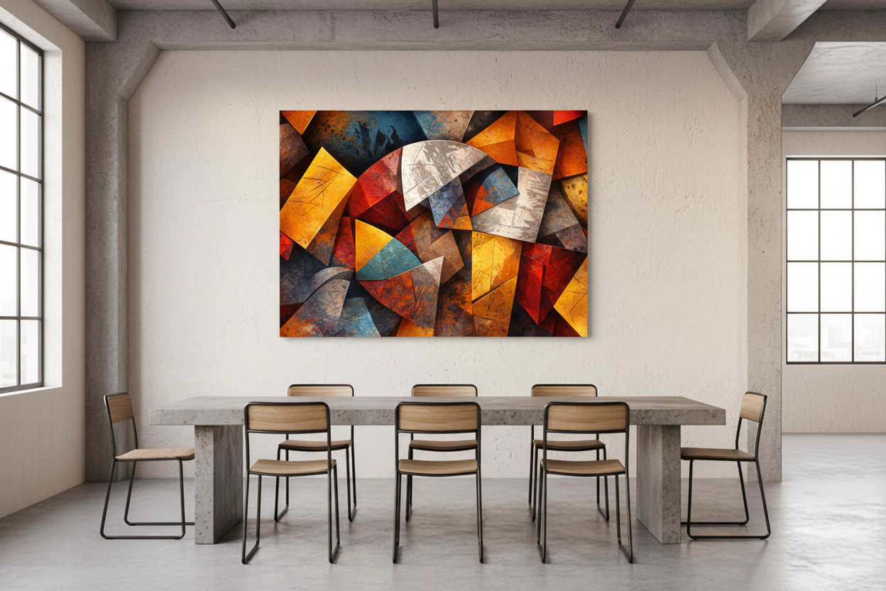 Modern abstract geometric canvas wall art displayed on white wall above concrete dining table in modern industrial loft interior - Portugal Canvas Co