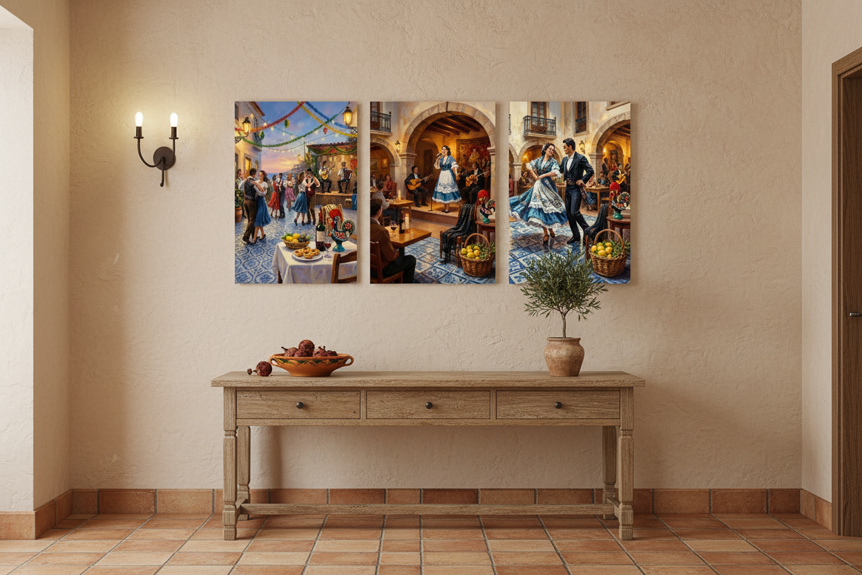 Portuguese festive cultural celebration triptych canvas wall art set displayed in a warm rustic hallway entryway - Portugal Canvas Co