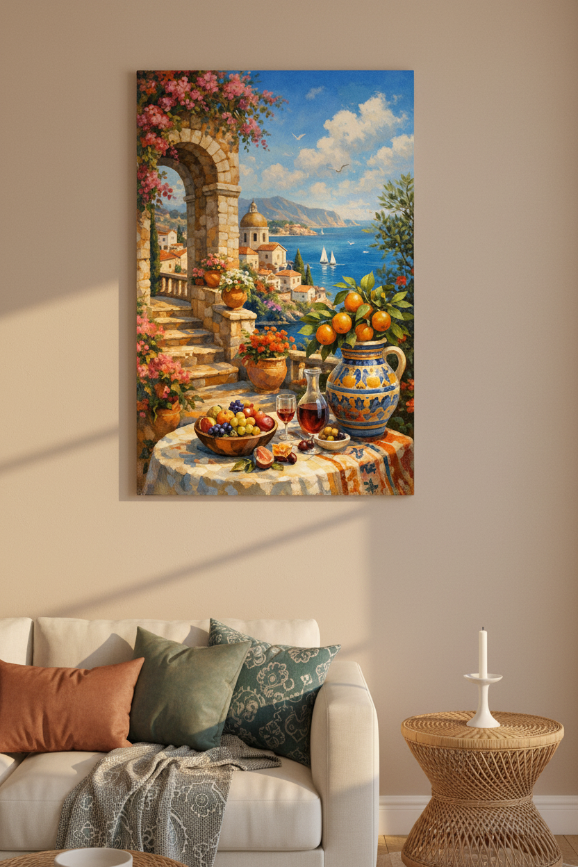 Mediterranean coastal archway canvas wall art with bougainvillea flowers hung on a warm beige wall in a luxurious coastal living room with cream sofa and rattan side table - Portugal Canvas Co