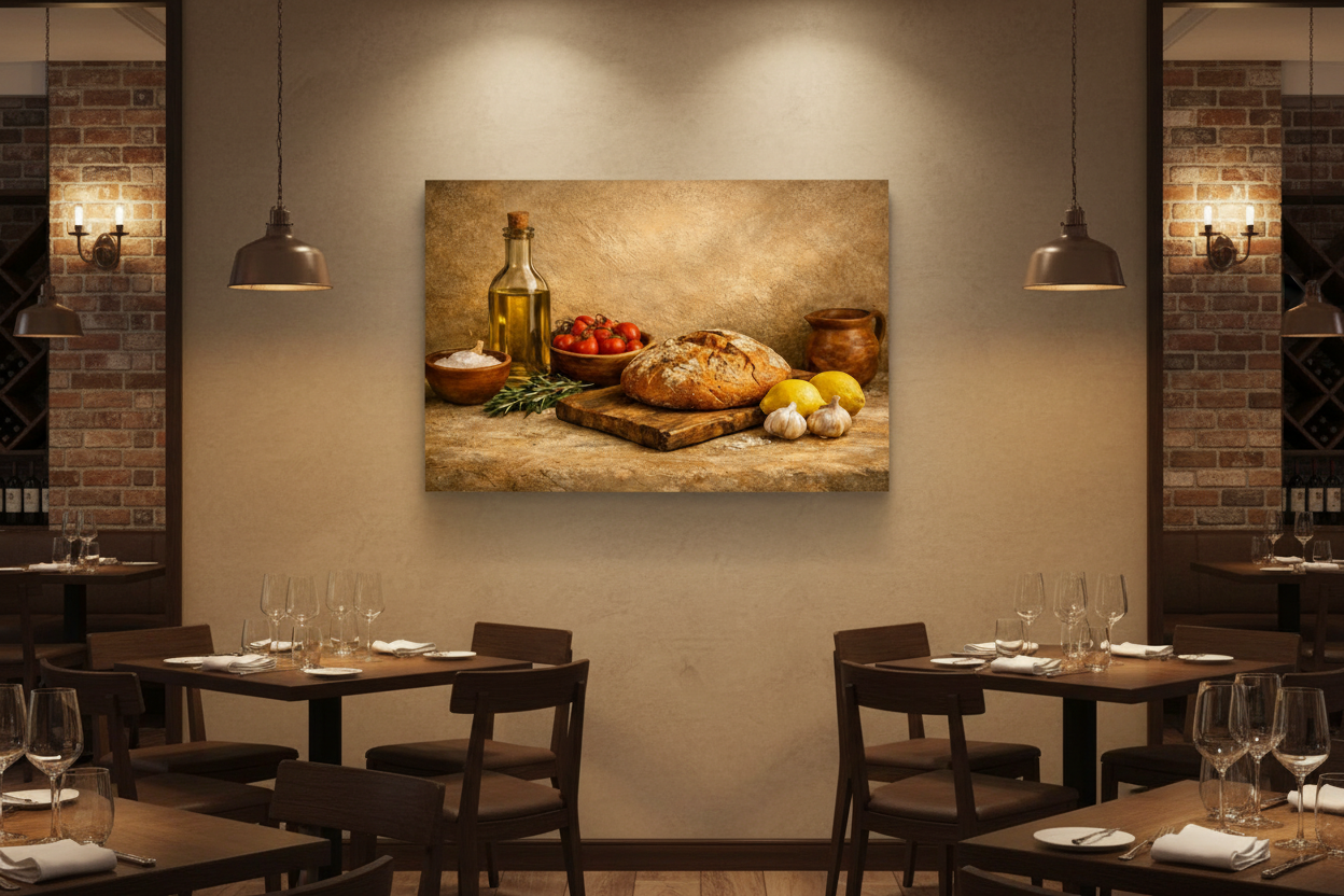 Rustic Mediterranean kitchen still life canvas wall art displayed in an upscale restaurant - Portugal Canvas Co