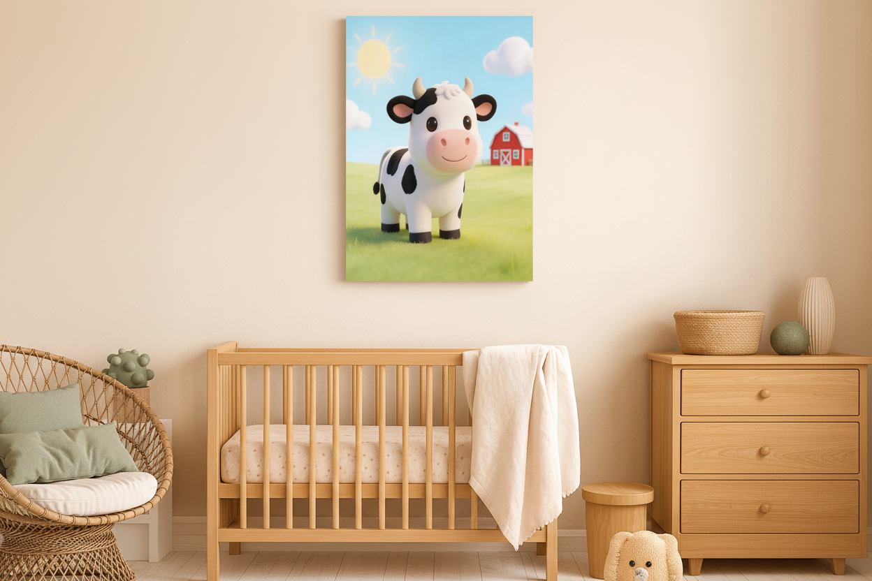 Cute farm cow canvas wall art displayed in a sage green nursery with rattan furniture - Portugal Canvas Co