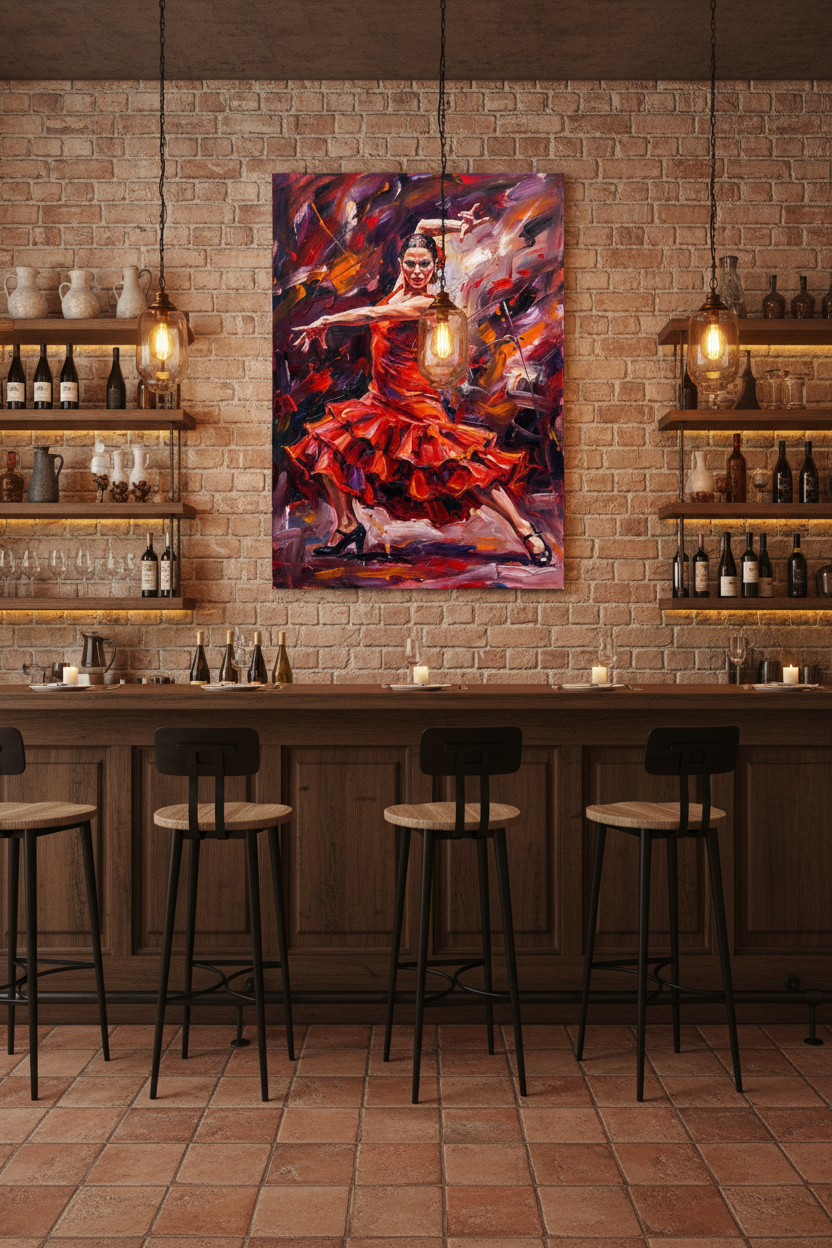 Flamenco dancer in red ruffled dress dramatic canvas wall art displayed on exposed brick wall in a stylish tapas bar with warm pendant lighting - Portugal Canvas Co