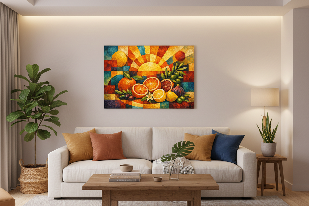 Citrus sunrise still life cubist canvas wall art displayed as a statement piece in a modern living room - Portugal Canvas Co