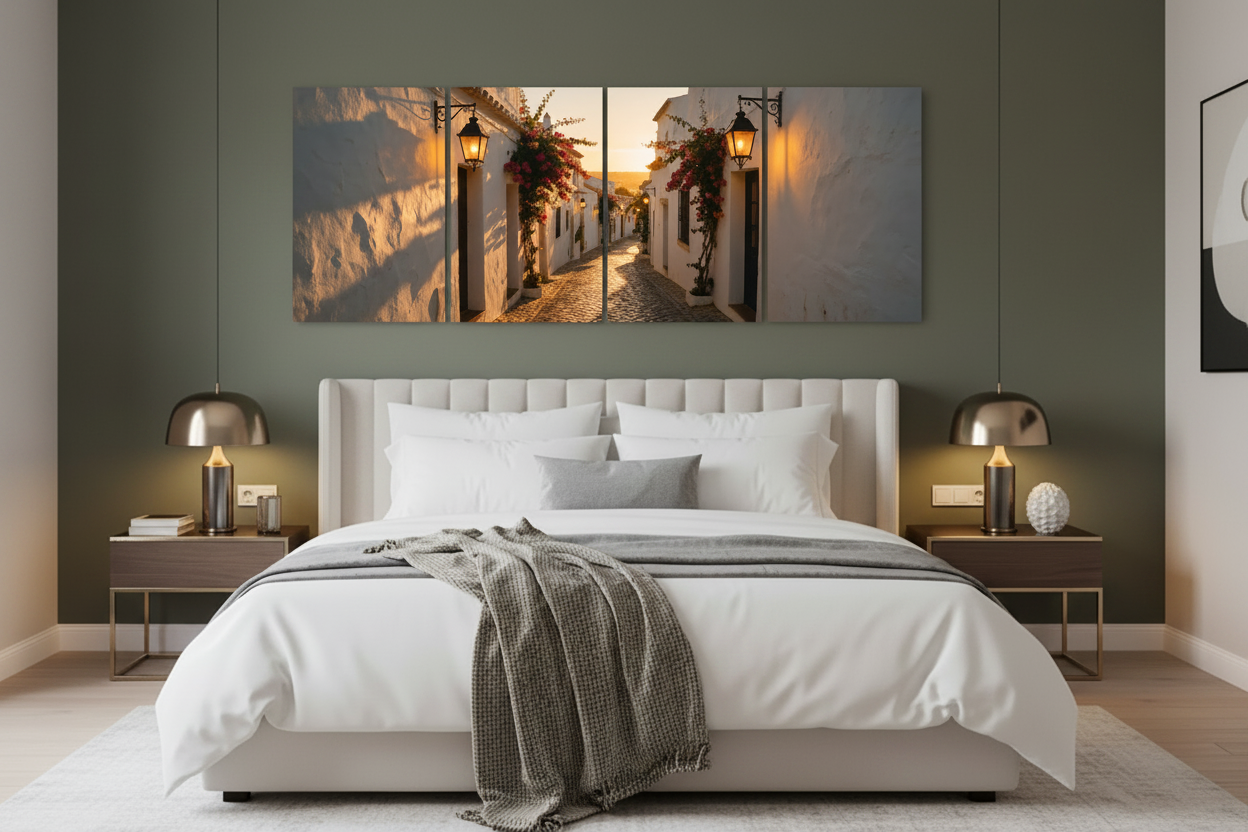 Four-panel Albufeira Old Town canvas wall art in a sage green and brass boutique hotel suite - Portugal Canvas Co