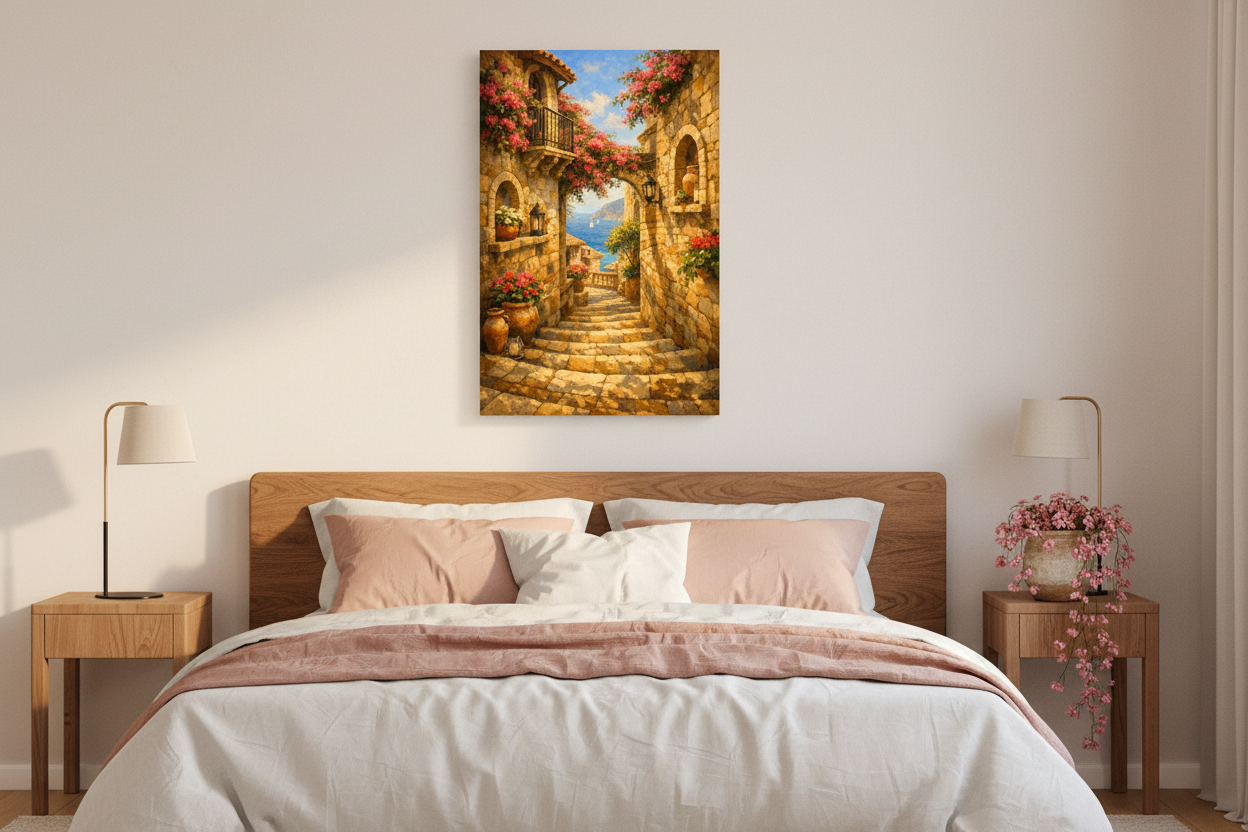 Mediterranean stone alleyway with bougainvillea canvas print above bed in warm Mediterranean bedroom with white and blush pink linen - Portugal Canvas Co