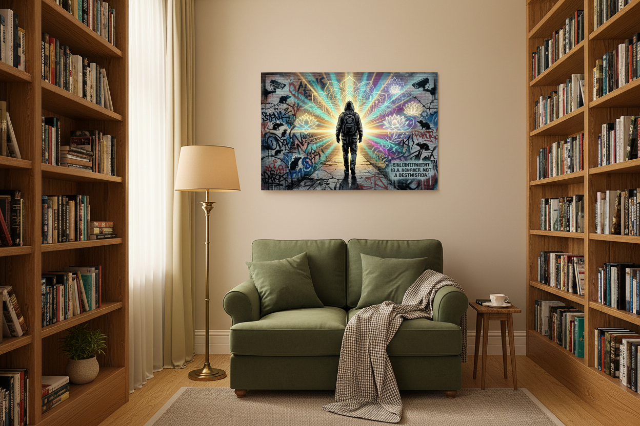 Enlightenment Is A Journey Not A Destination graffiti canvas print displayed in a cosy reading nook with wooden bookshelves and warm lamp light - Portugal Canvas Co